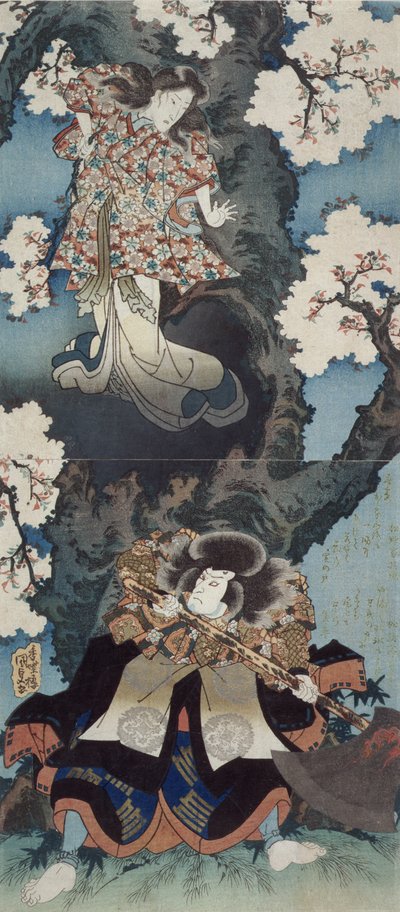 Bando Mitsugoro IV as Sekibei and Onoe Kikugoro III as Somezone in Tsumoru koi yuki seki no to, c.1832 by Utagawa Kunisada